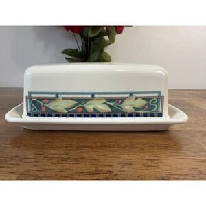 Pfaltzgraff Forest Covered Butter Dish Vintage Stoneware Green Blue Farmhouse